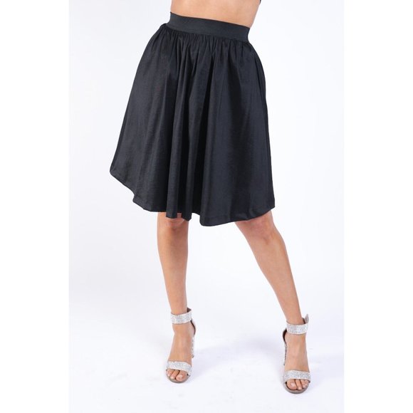 Women's Casual Elastic High Waist Pleated Midi Flare Black Skirt Size S/M/L - Picture 2 of 7